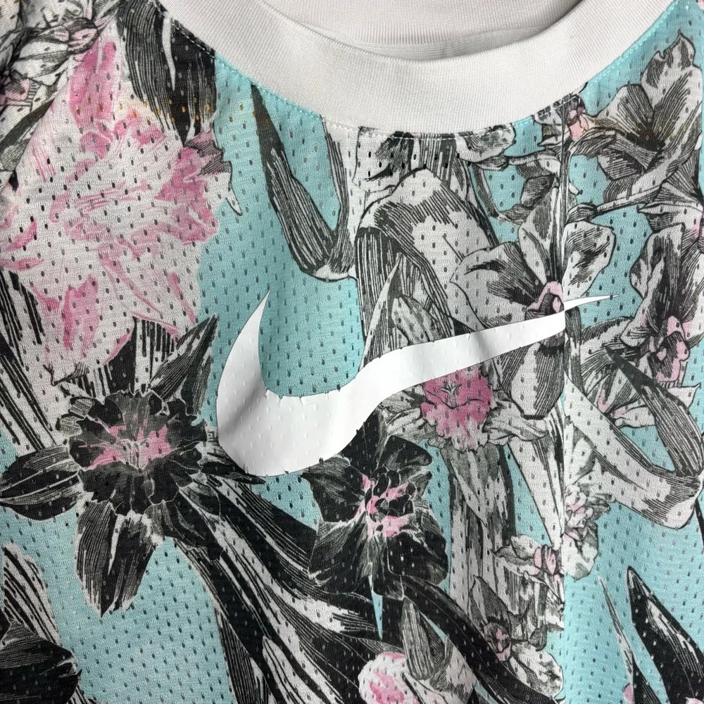 Nike Sportswear Short Sleeve Top Mesh Floral Logo Shirt Blue Size L
